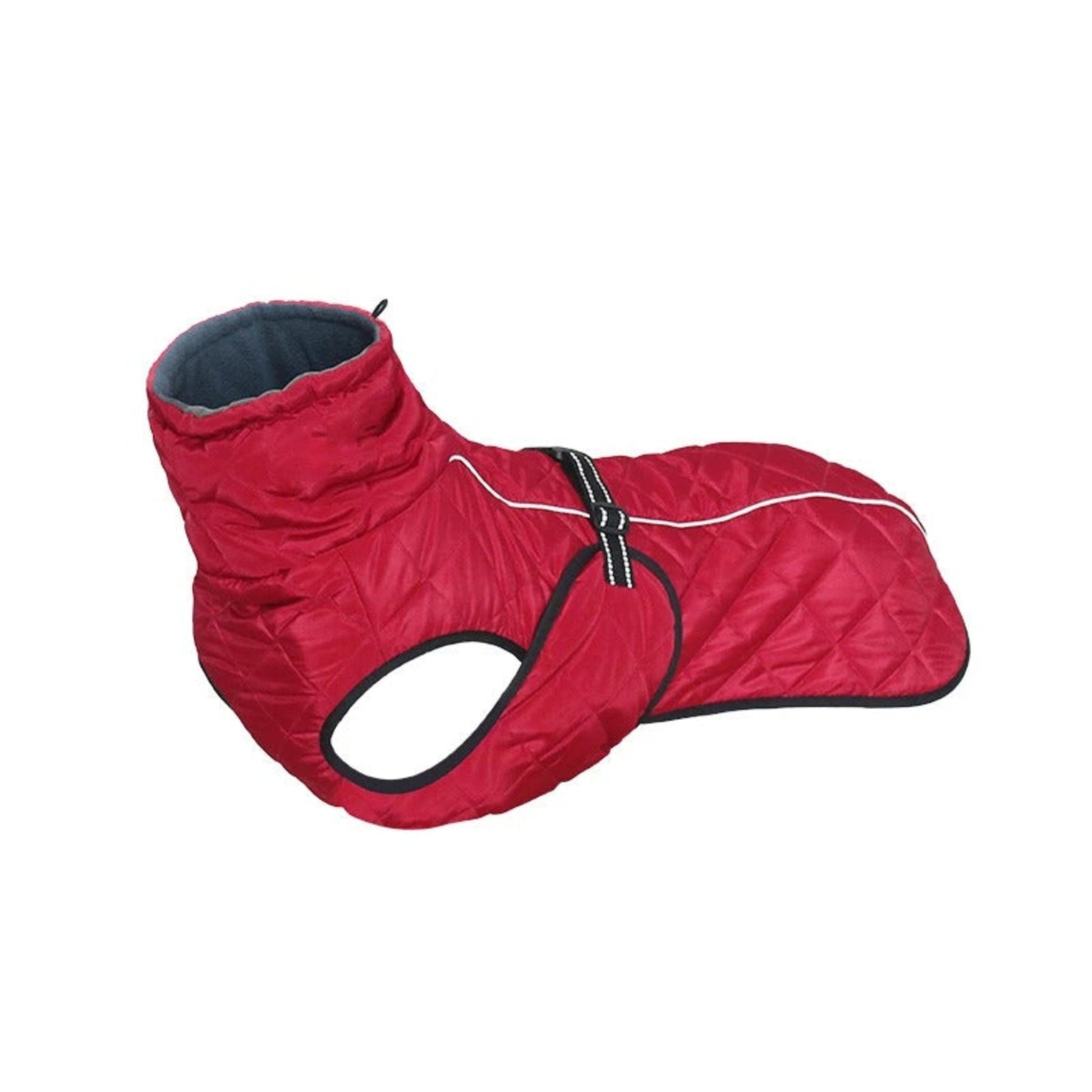 Manteau pour chien matelassé rouge, capuche ronde et ouverture pour pattes