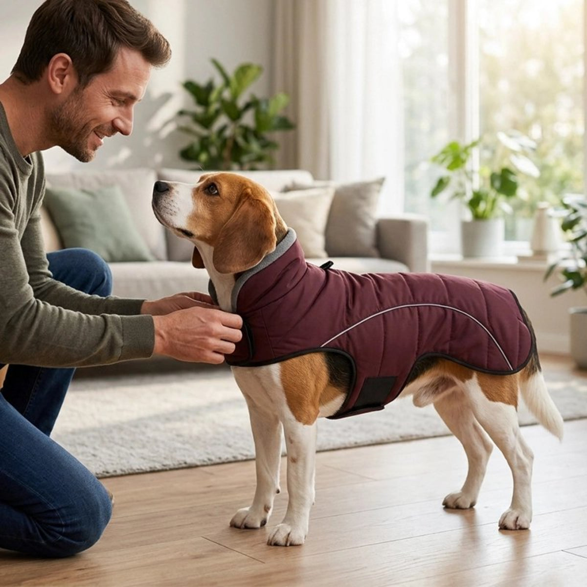 Manteau pour chien sur beagle maitre attache facilement la veste