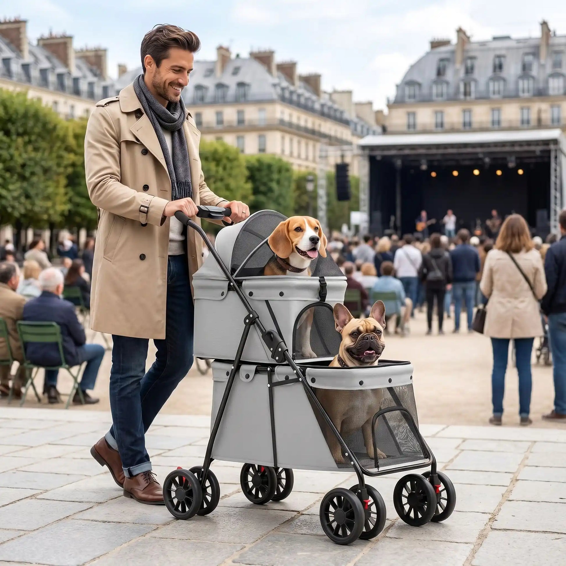 Poussette pour chien double grise avec deux hublots en maille et poignées noires