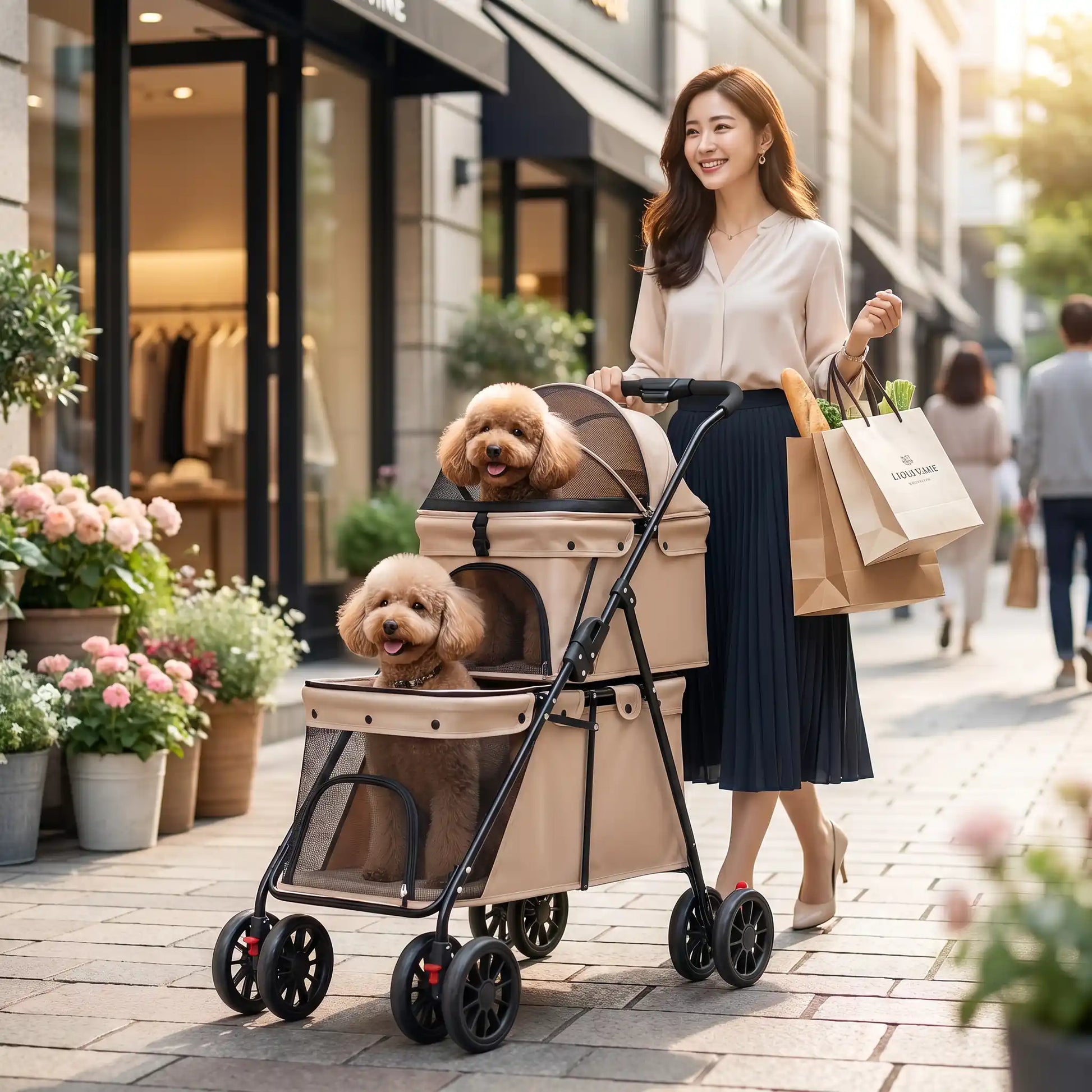 Poussette pour chien double beige avec deux compartiments en filet et roues pivotantes