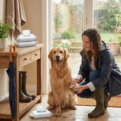 Lingettes nettoyantes pour chien en sachet blanc, étiquette verte visible