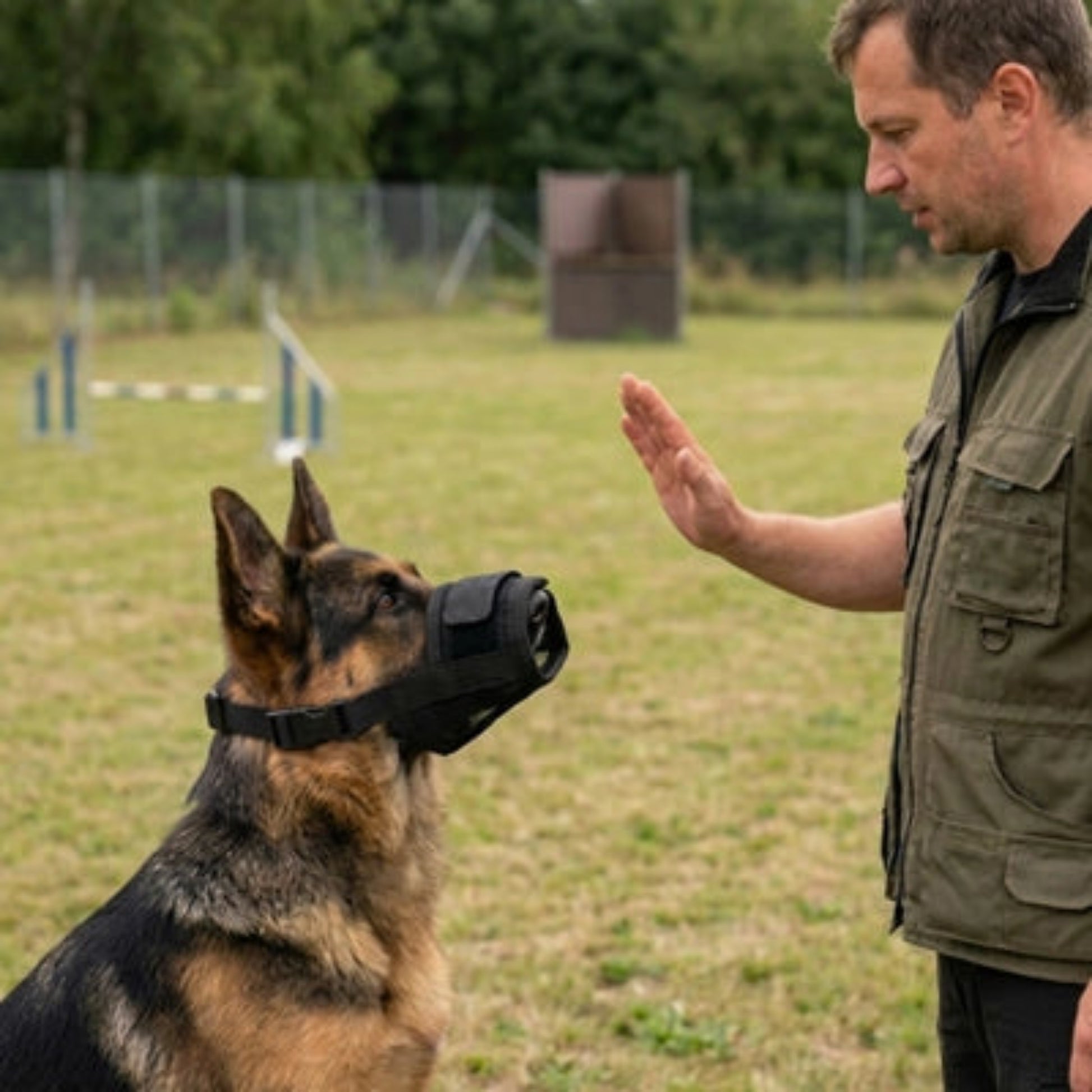 Muselière anti-aboiement noire sur chien berger, sangle au museau.