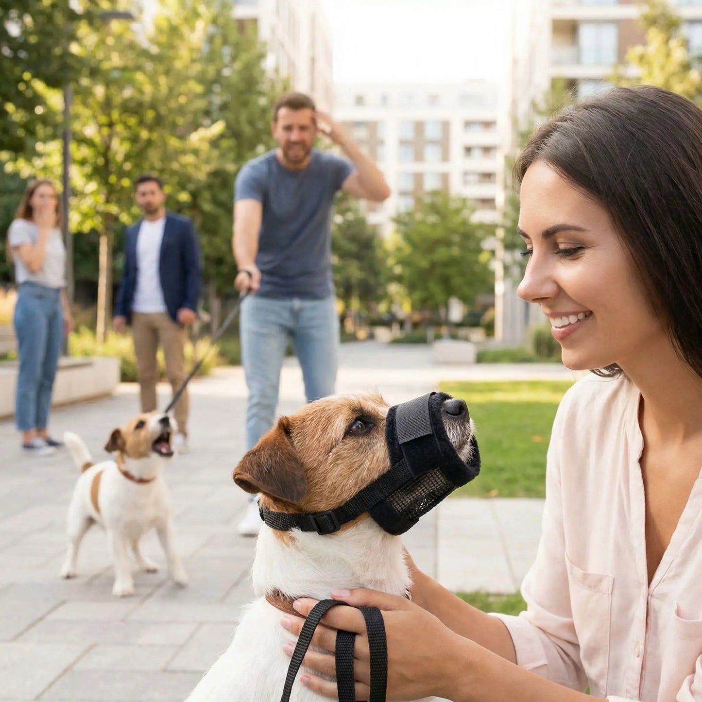 Muselière anti-aboiement noire sur chien brun et blanc, mâchoire couverte.
