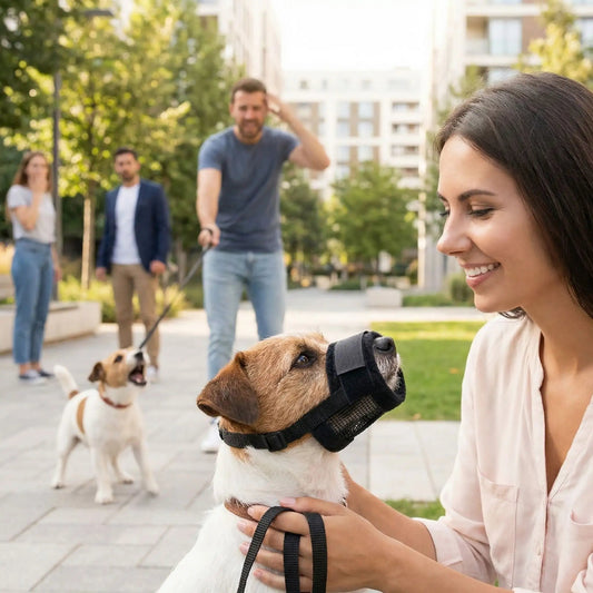 Muselière anti-aboiement noire sur chien brun et blanc, mâchoire couverte.