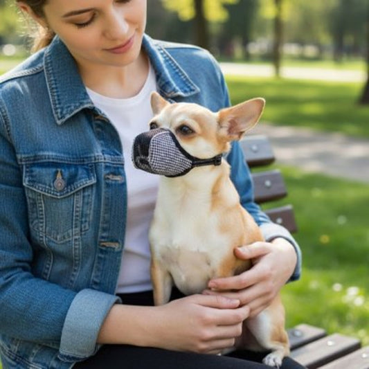 Muselière pour chien à museau gris, sangle noire, portée sur un petit chien