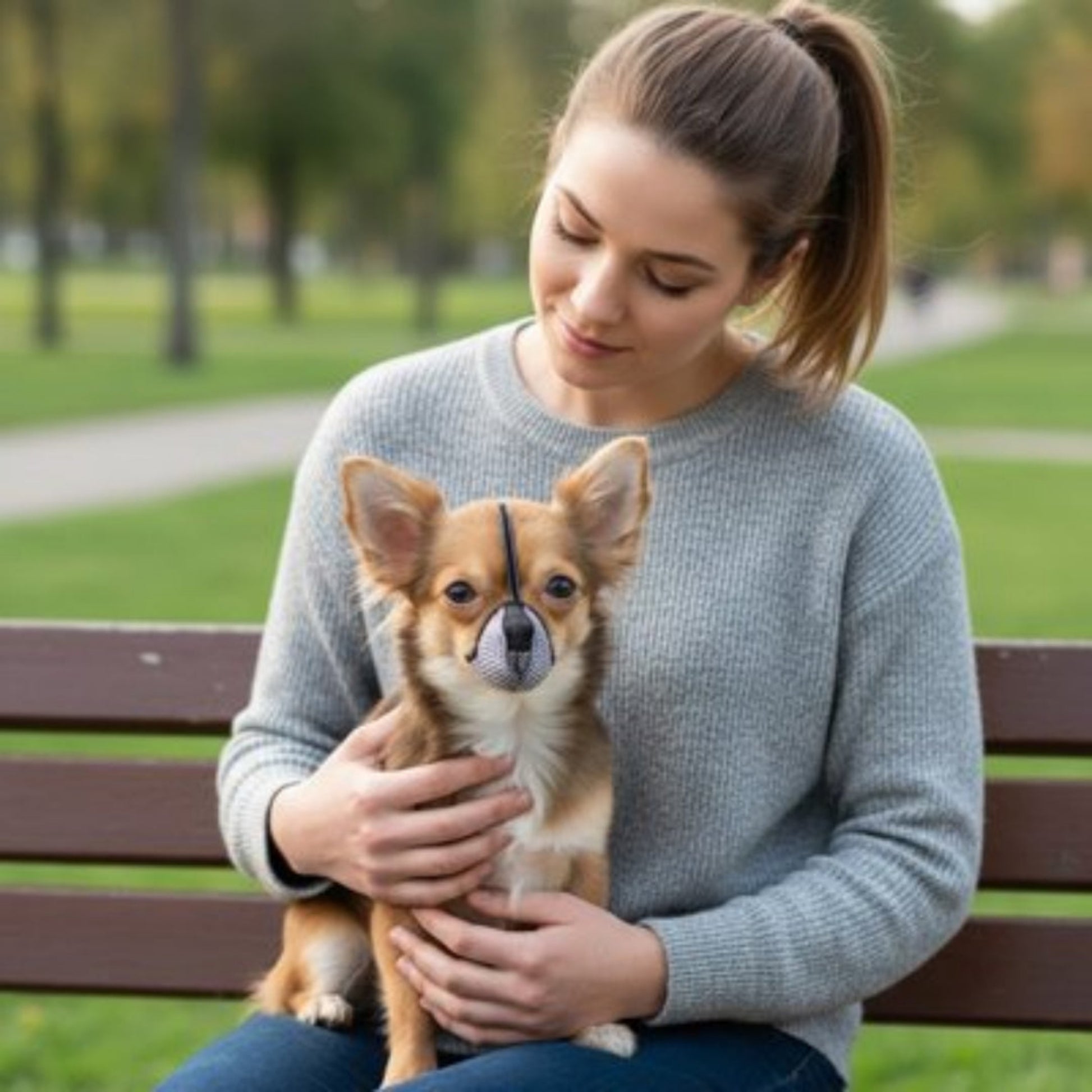 Muselière pour chien à museau gris, sangle noire, chien tenu dans les bras