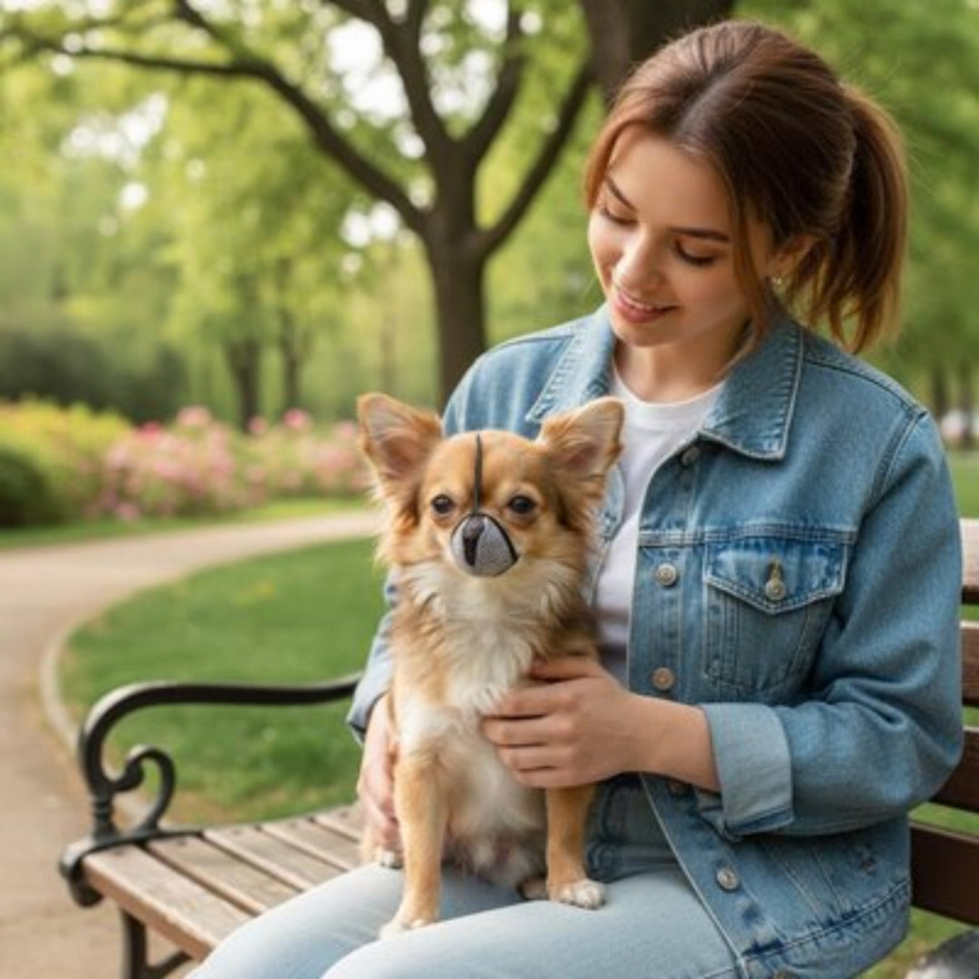 Muselière pour chien à museau gris et sangle noire, vue de face sur le chien