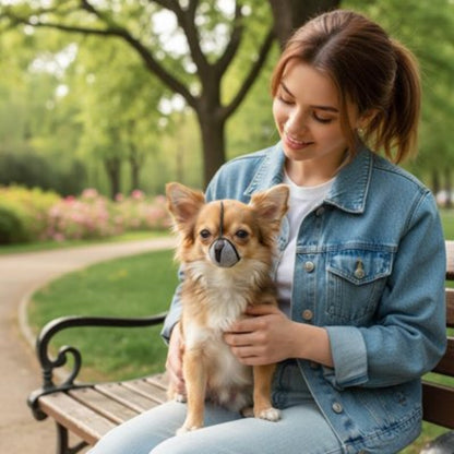 Muselière pour chien à museau gris et sangle noire, vue de face sur le chien