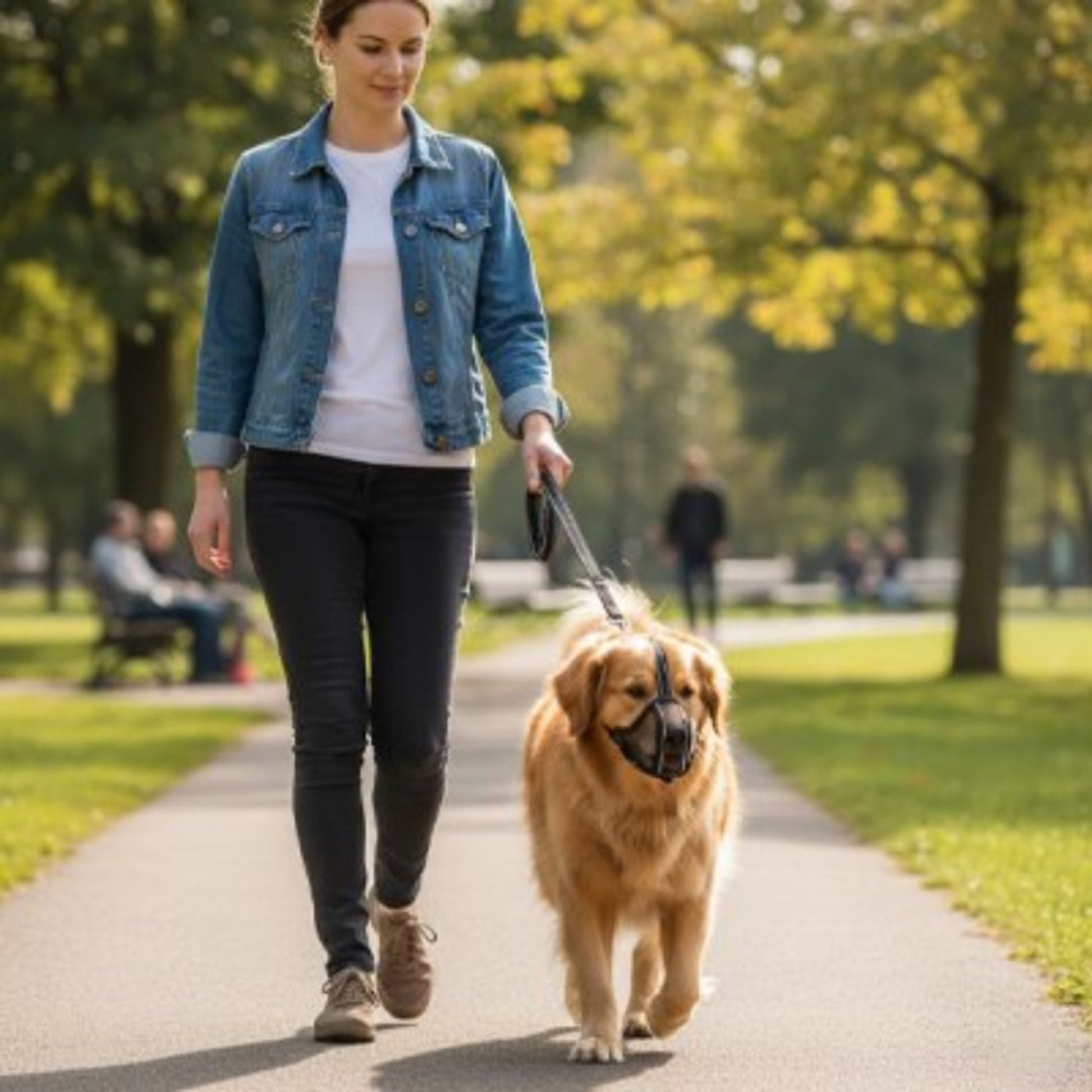Muselière pour chien en maille noire, sangle sur le museau du golden retriever
