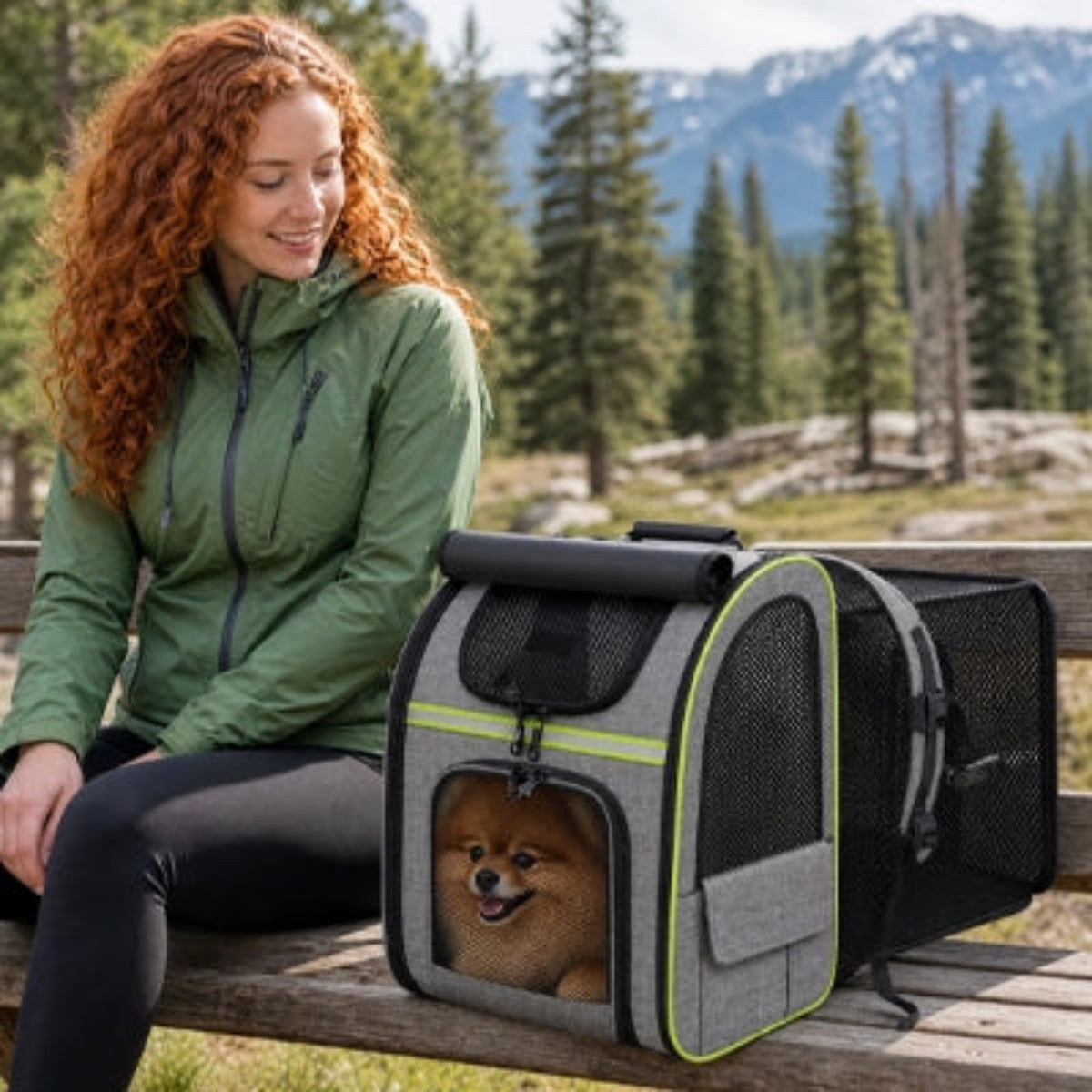 Sac de transport pour chien rigide, gris avec liserés vert fluo, fenêtre en filet latérale