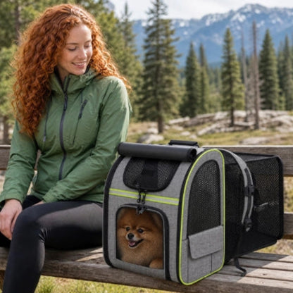 Sac de transport pour chien rigide, gris avec liserés vert fluo, fenêtre en filet latérale