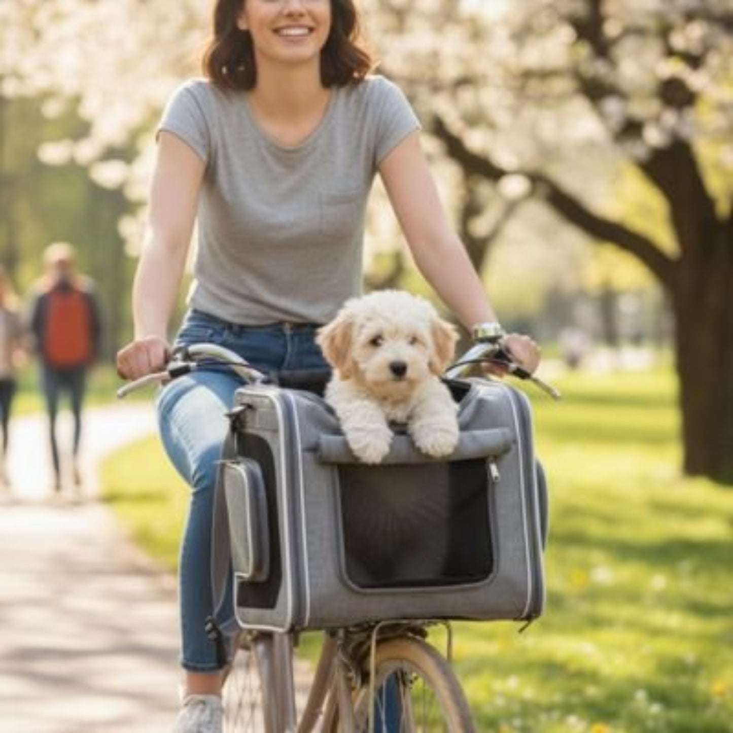 Panier pour chien à vélo Aventure gris avec fenêtre rectangulaire sur l’avant