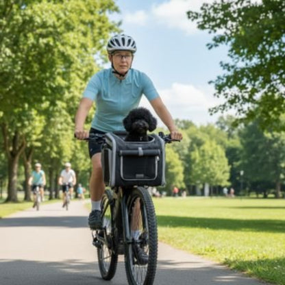 Panier pour chien à vélo Aventure noir avec fenêtre transparente, monté sur guidon
