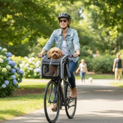 Panier pour chien à vélo Aventure bleu marine avec fenêtre transparente, sur vélo