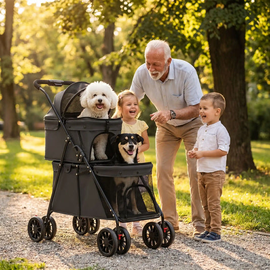 Poussette pour chien double noire avec nacelle ventilée, roues arrière à grand diamètre
