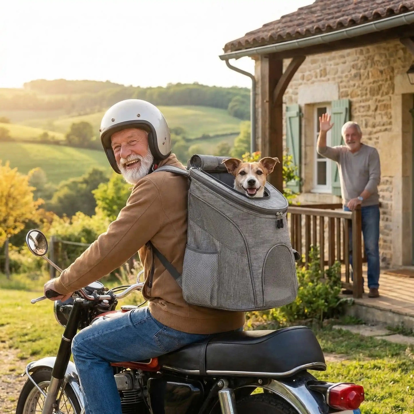 Sac à dos pour chien de moto gris avec fenêtre en maille et fermeture éclair