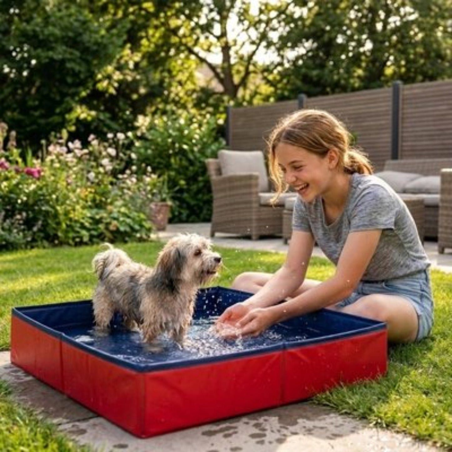 Piscine Chien dame arrose son Rex dans la piscine