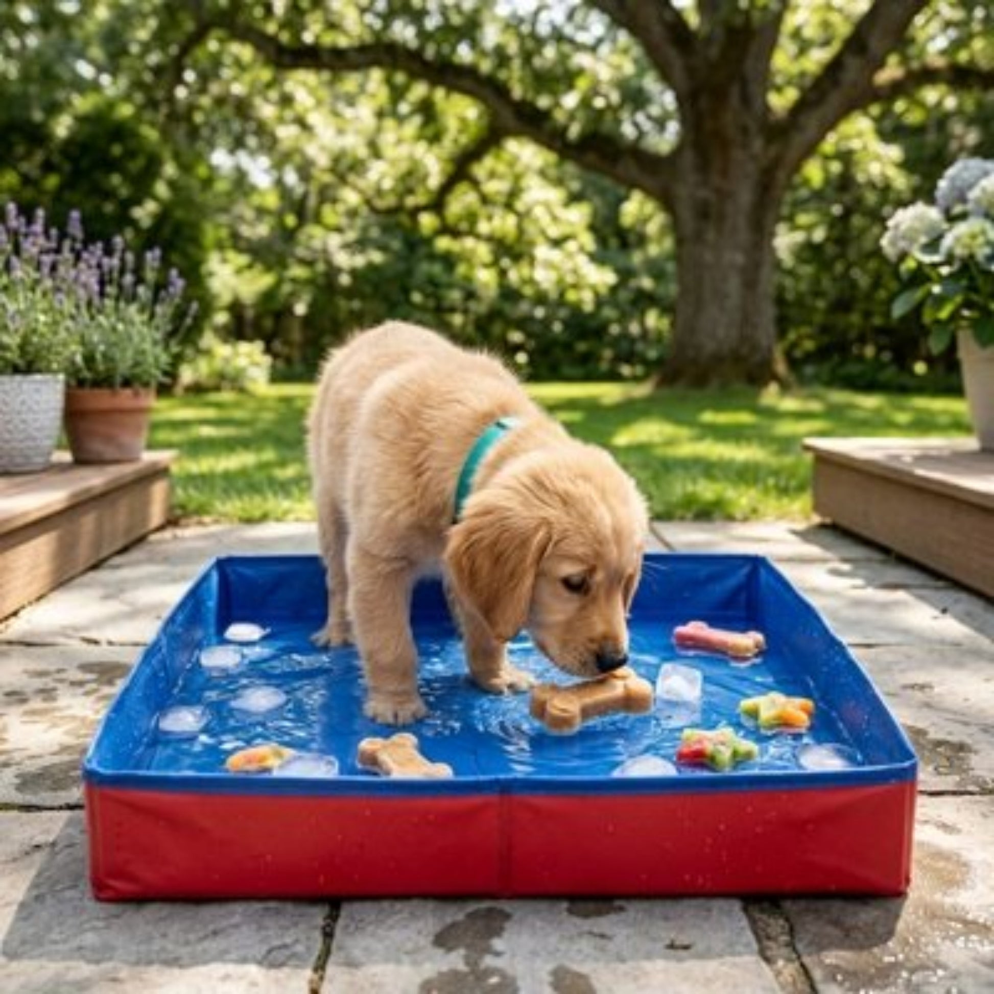 Piscine Chien golden s'amuse avec les jouets dans l'eau