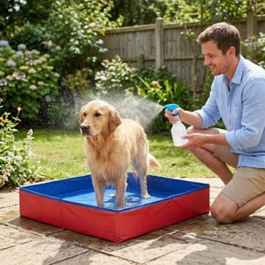 Pataugeoire pour chien carrée rouge et bleue, chien dans le bassin sous la douche