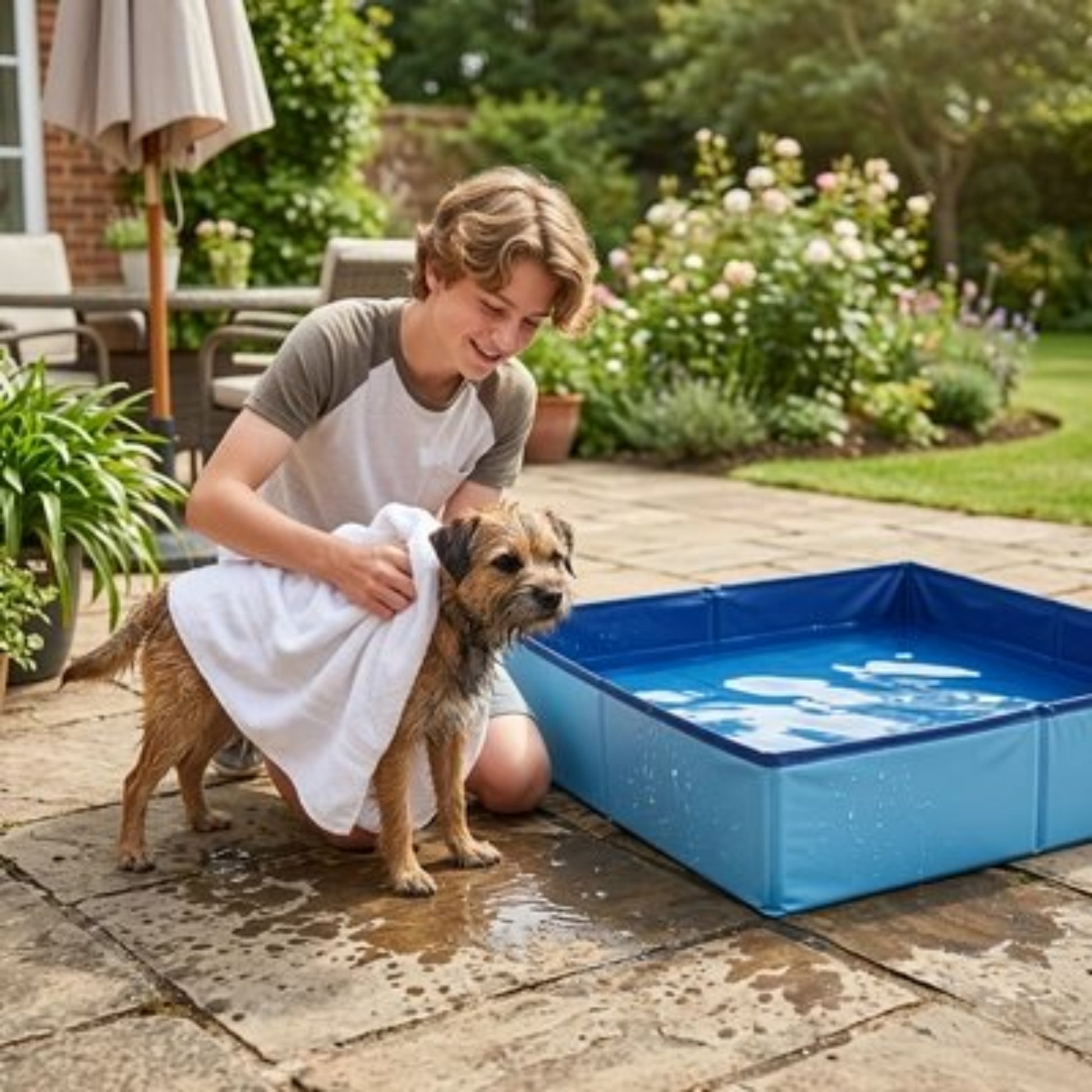 Piscine Chien maitre essuie après avoir donné un bain rafraichissant