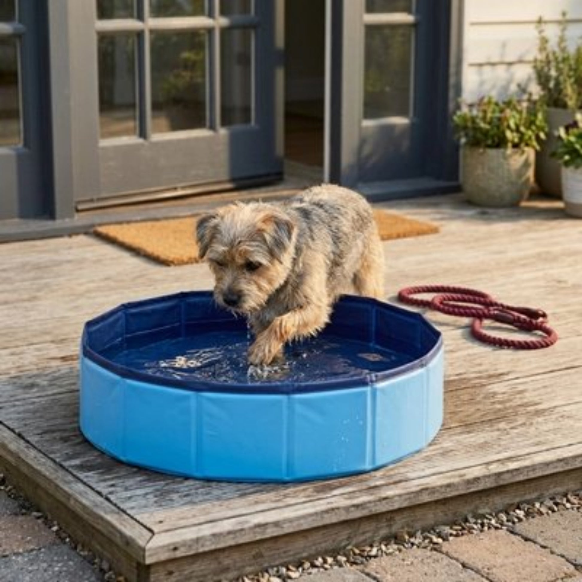 Piscine pliante bleue pour chien, bord souple, chien dans l’eau.