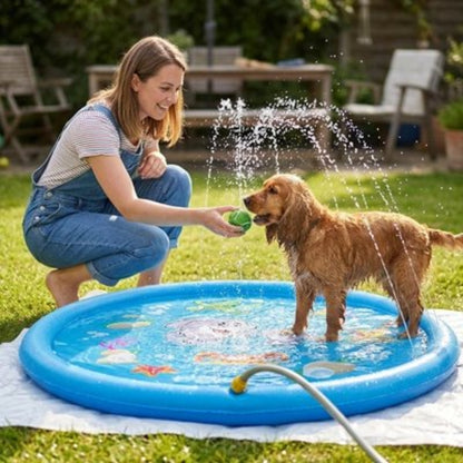 Piscine ronde bleue pour chien avec bassin rempli, motifs colorés et tuyau d’arrosage.