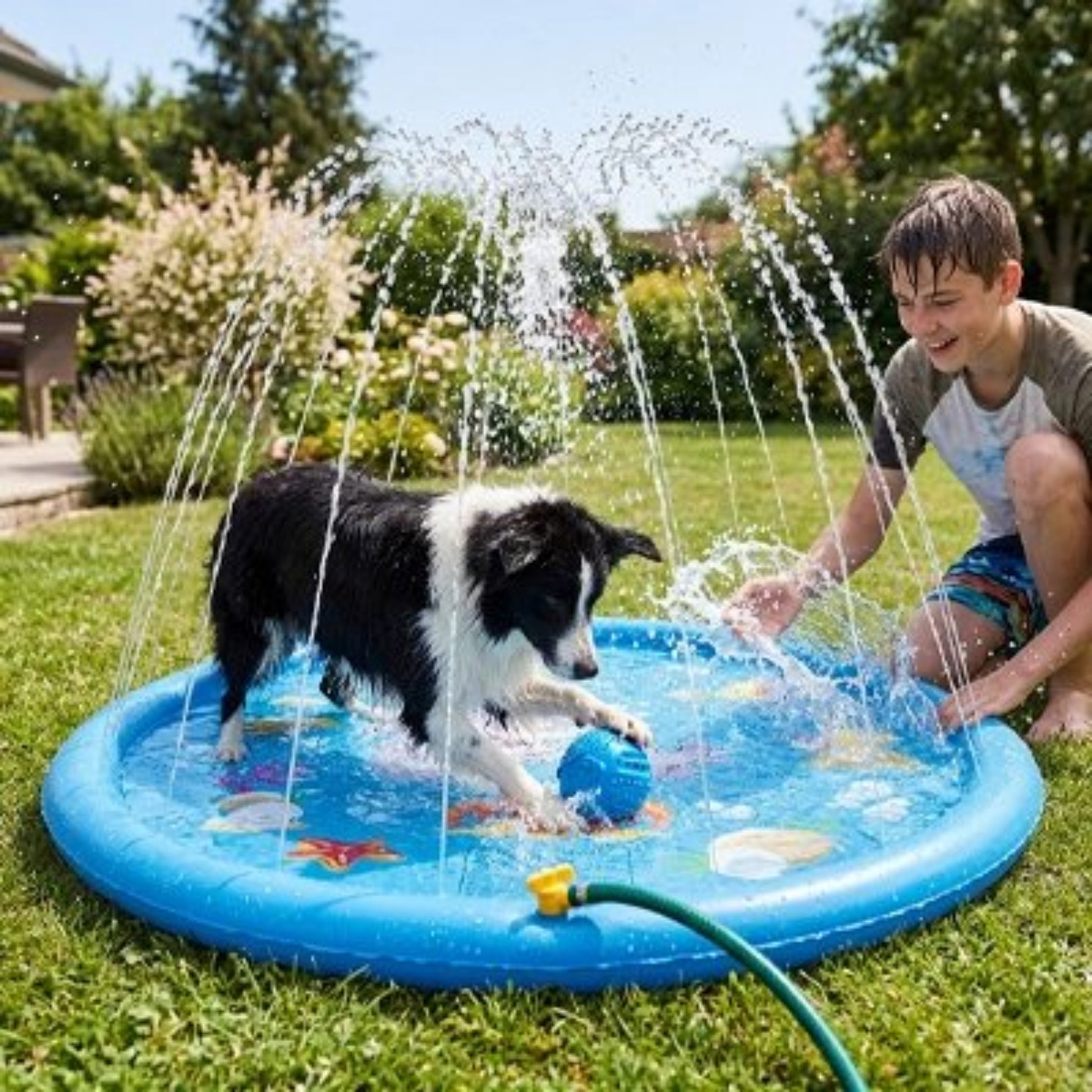 Piscine ronde bleue avec jouets colorés et jets d’eau; chien noir et blanc au bain.