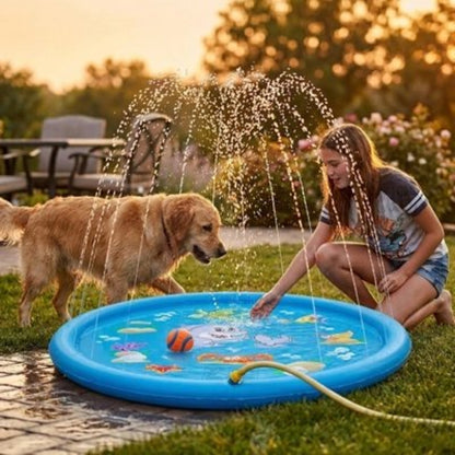 Piscine ronde bleue avec jets d’eau; chien brun joue au bord du bassin.