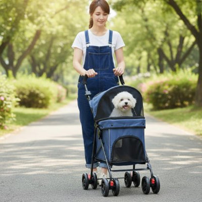 Poussette légère pour chien bleue avec capote arrondie et fenêtre frontale en mesh