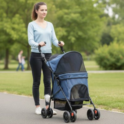Poussette légère pour chien bleue avec auvent et panneau mesh sur le côté