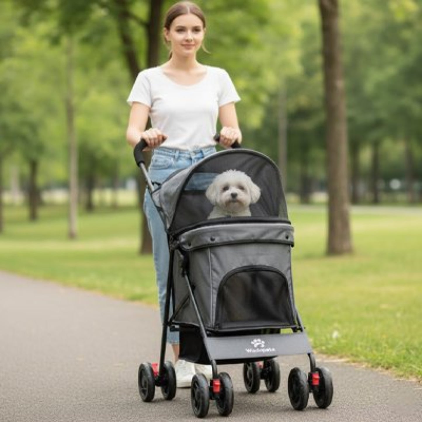 Poussette légère pour chien bleue avec fenêtre en mesh et capote noire