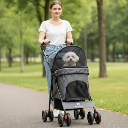 Poussette légère pour chien bleue avec fenêtre en mesh et capote noire