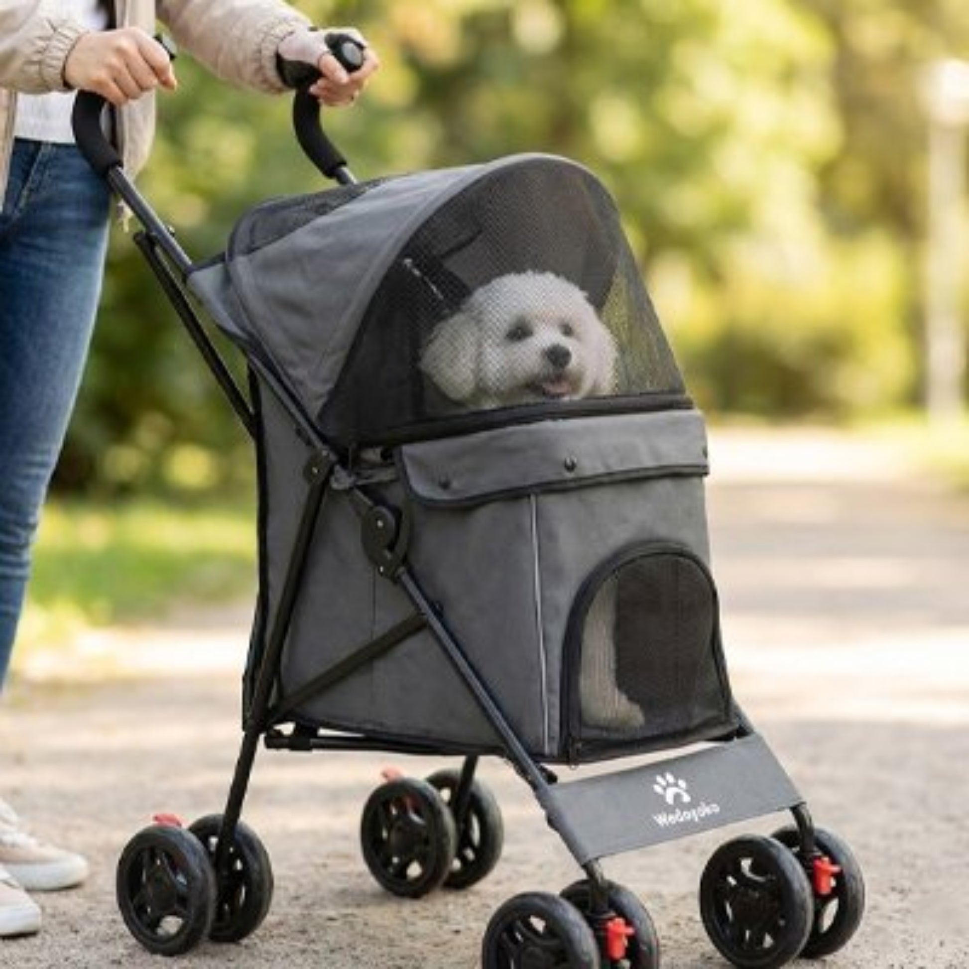 Poussette légère pour chien grise avec toit ouvrant et fenêtre mesh noire