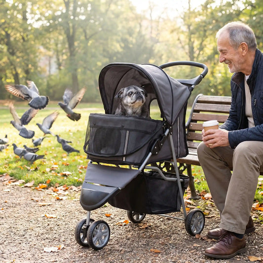 Poussette pour chien noire avec chien devant la capote, grandes roues et dossier.