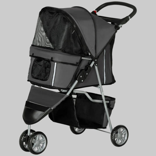 Poussette pour chien noire avec capote en tissu et panneau pare-vent, roues crantées.