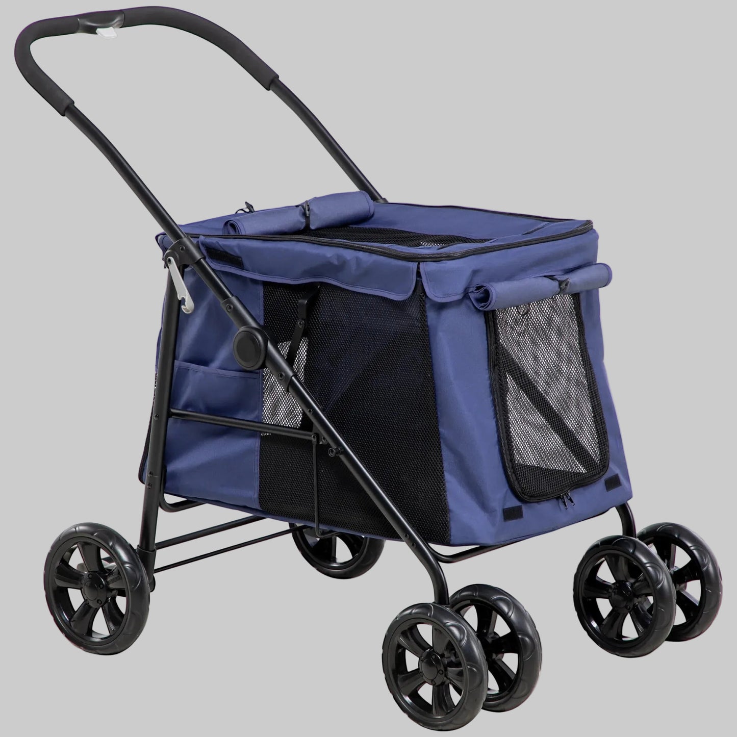 Poussette pour chien bleue avec fenêtres en maille, poignée cintrée et grandes roues.