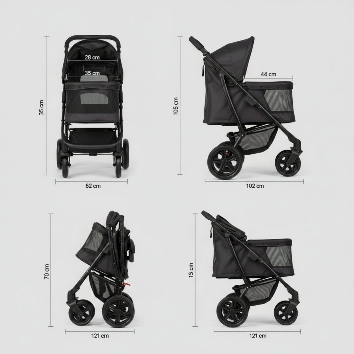 Poussette pour chien 20 kg: schéma des dimensions, châssis pliable et roues.