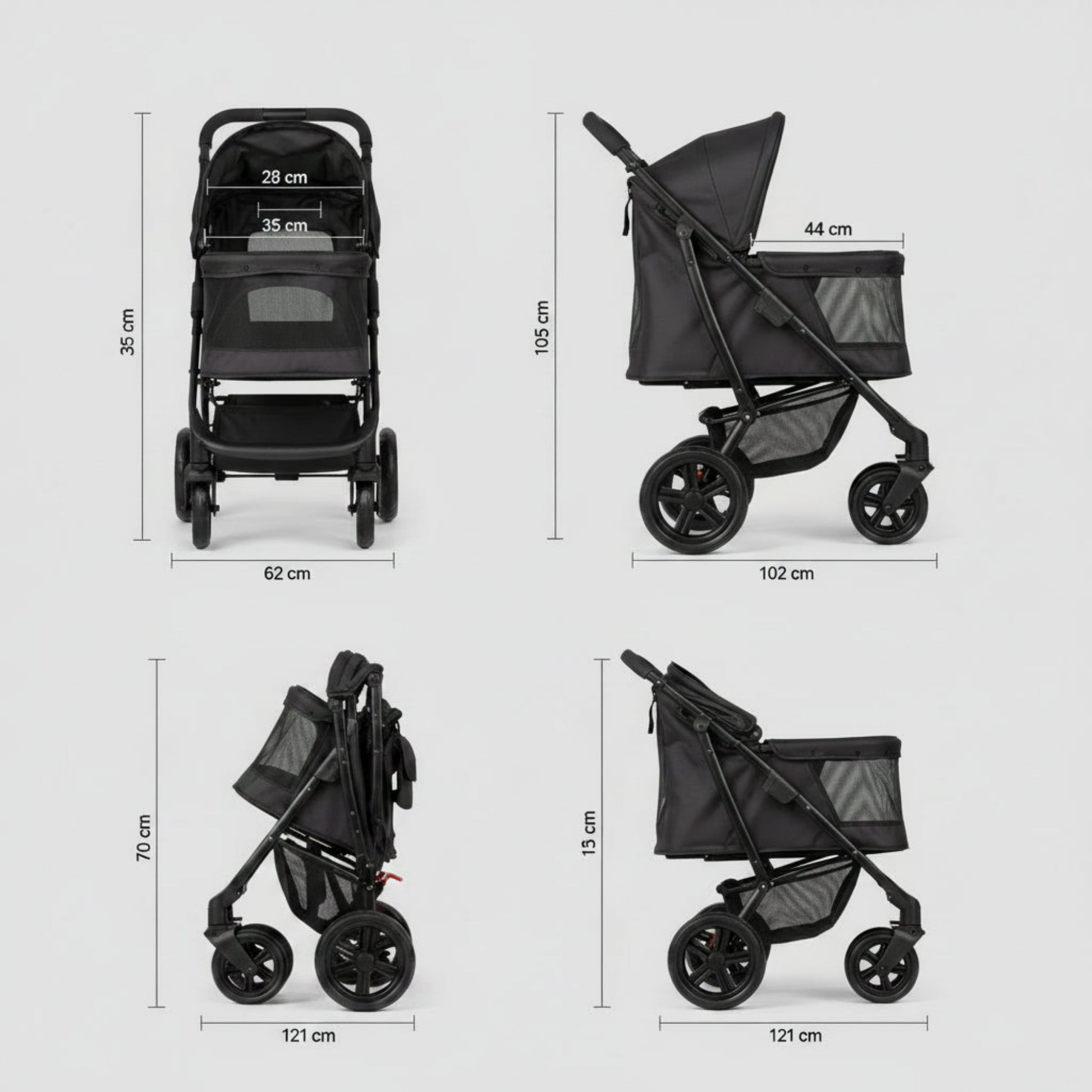 Poussette pour chien 20 kg: schéma des dimensions, châssis pliable et roues.