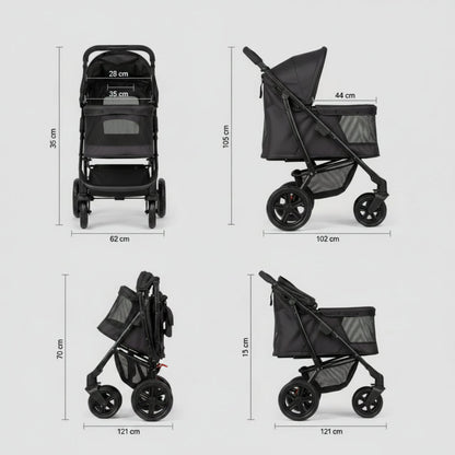Poussette pour chien 20 kg: schéma des dimensions, châssis pliable et roues.