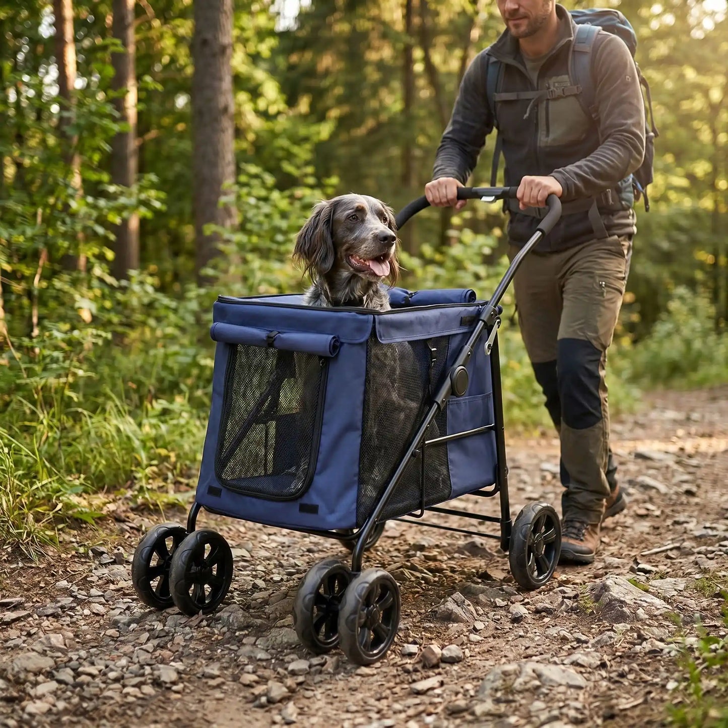 Épagneul bleu de Picardi dans poussette pur chien 2 kg sur chemin accidenté
