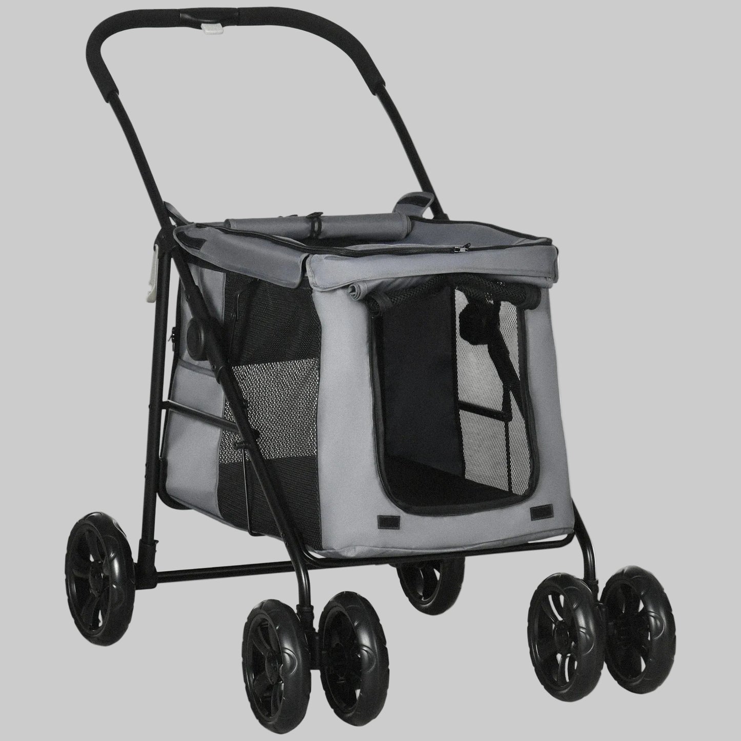 Poussette pour chien 20 kg grise avec fenêtres en maille et porte avant, roues pivotantes.
