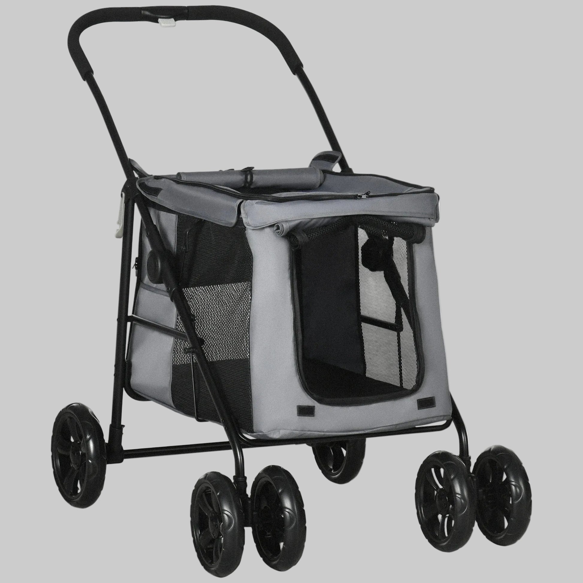 Poussette pour chien 20 kg grise avec fenêtres en maille et porte avant, roues pivotantes.