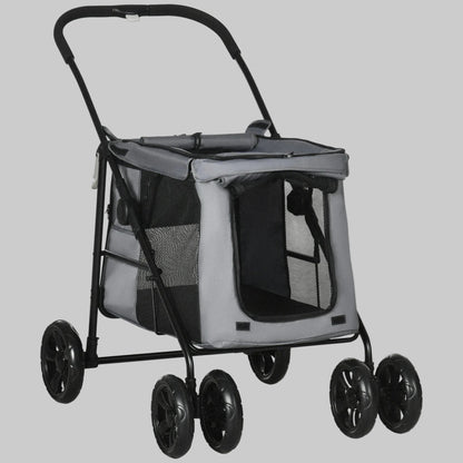 Poussette pour chien 20 kg grise avec fenêtres en maille et porte avant, roues pivotantes.