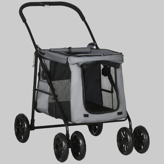 Poussette pour chien noire et grise avec fenêtres en maille et grandes roues