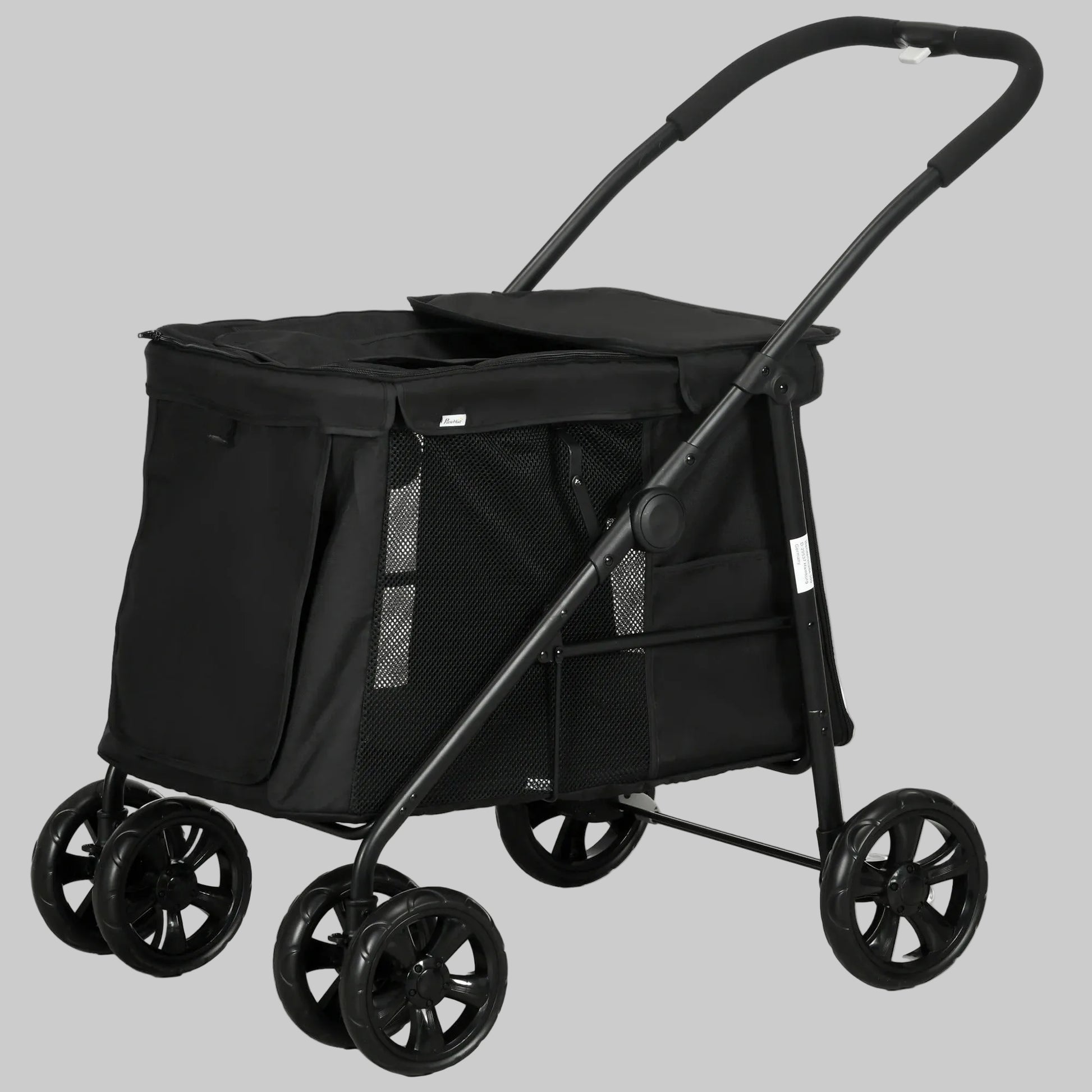 Poussette pour chien 20 kg noire avec panneaux en maille, sangles de maintien et roues épaisses. 