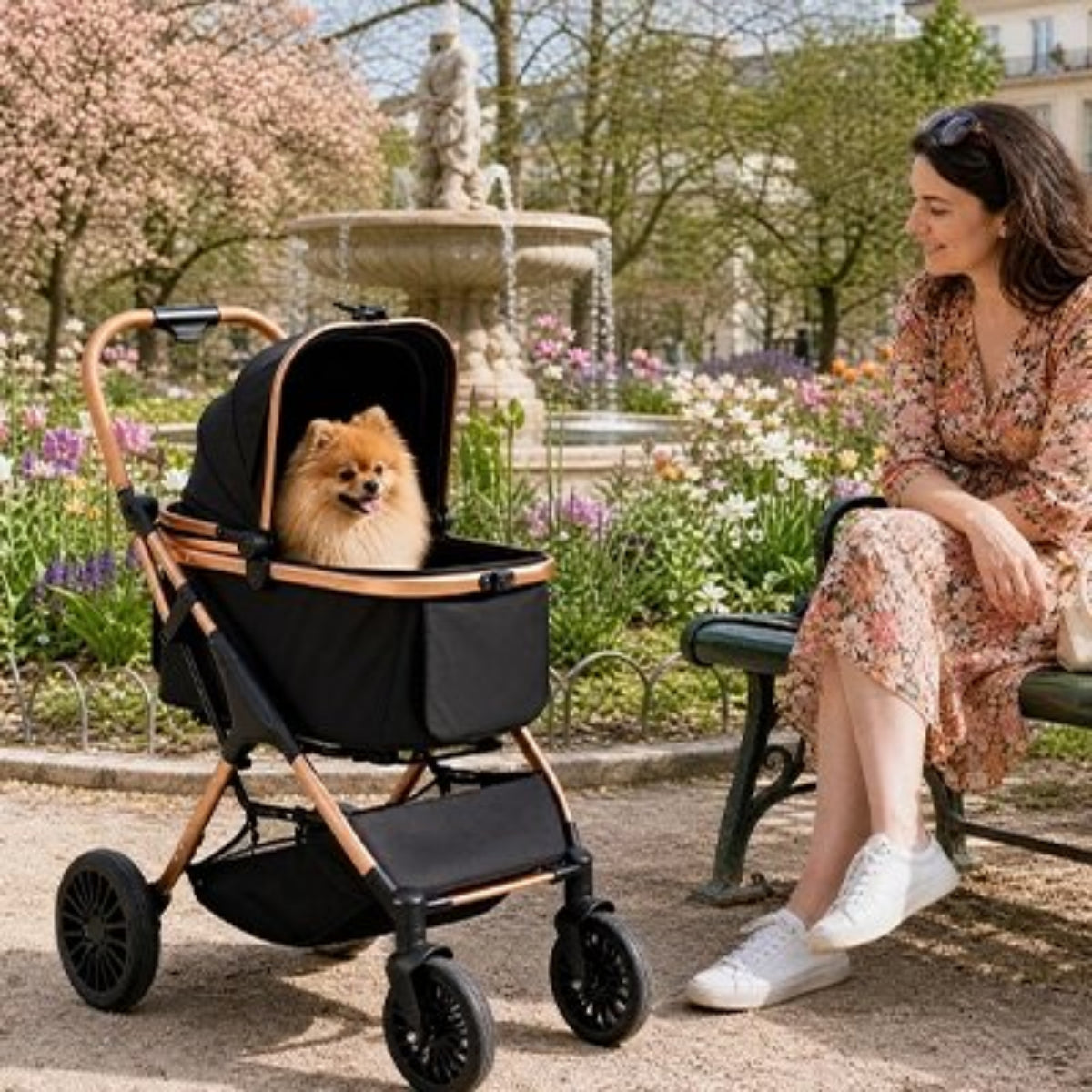 Poussette pour chien noire, dossier rembourré et roues pivotantes, poignée en cadre cuivre.