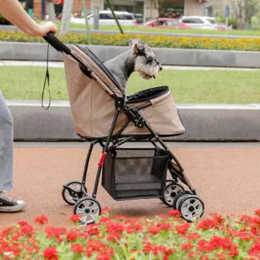Poussette pour chien beige avec capote en maille et grand panier de rangement