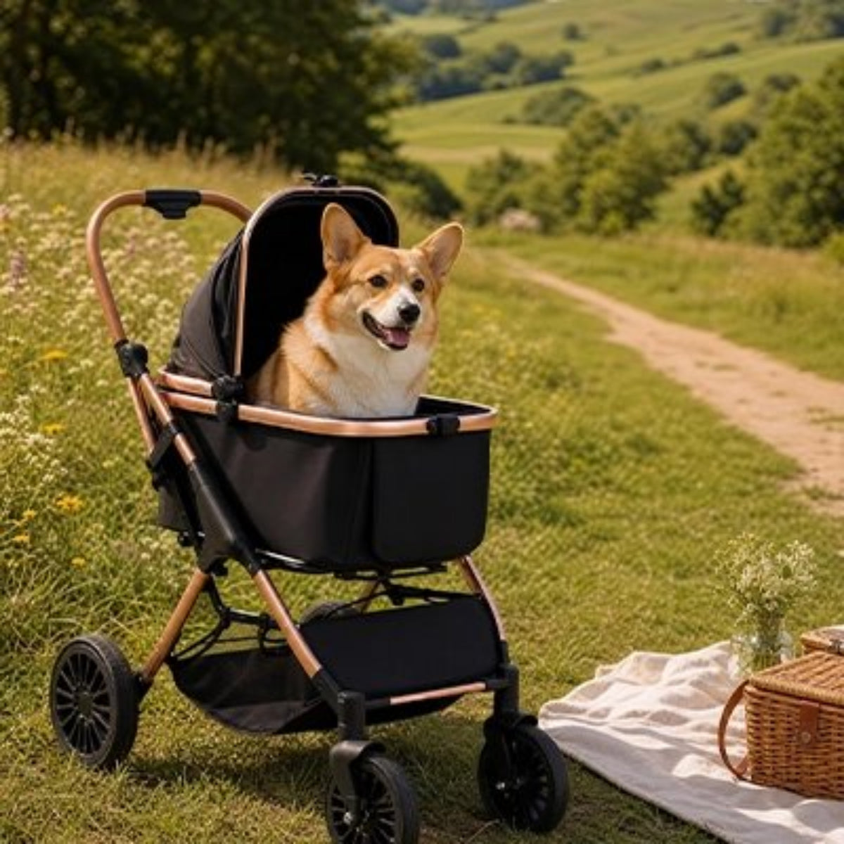 Poussette pour chien noire avec siège en tissu et cadre couleur cuivre, chien à l’intérieur.