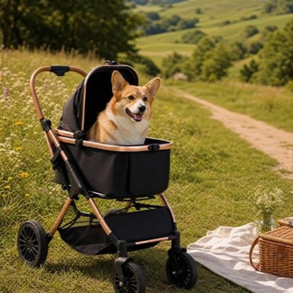 Poussette pour chien noire avec siège en tissu et cadre couleur cuivre, chien à l’intérieur.
