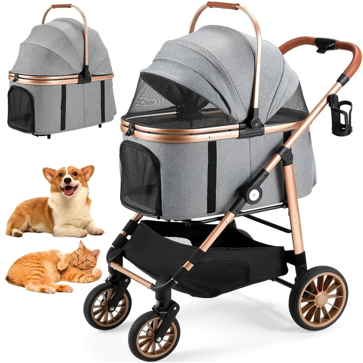 Poussette pour chien pliable gris, capote avec fenêtre en maille, grandes roues